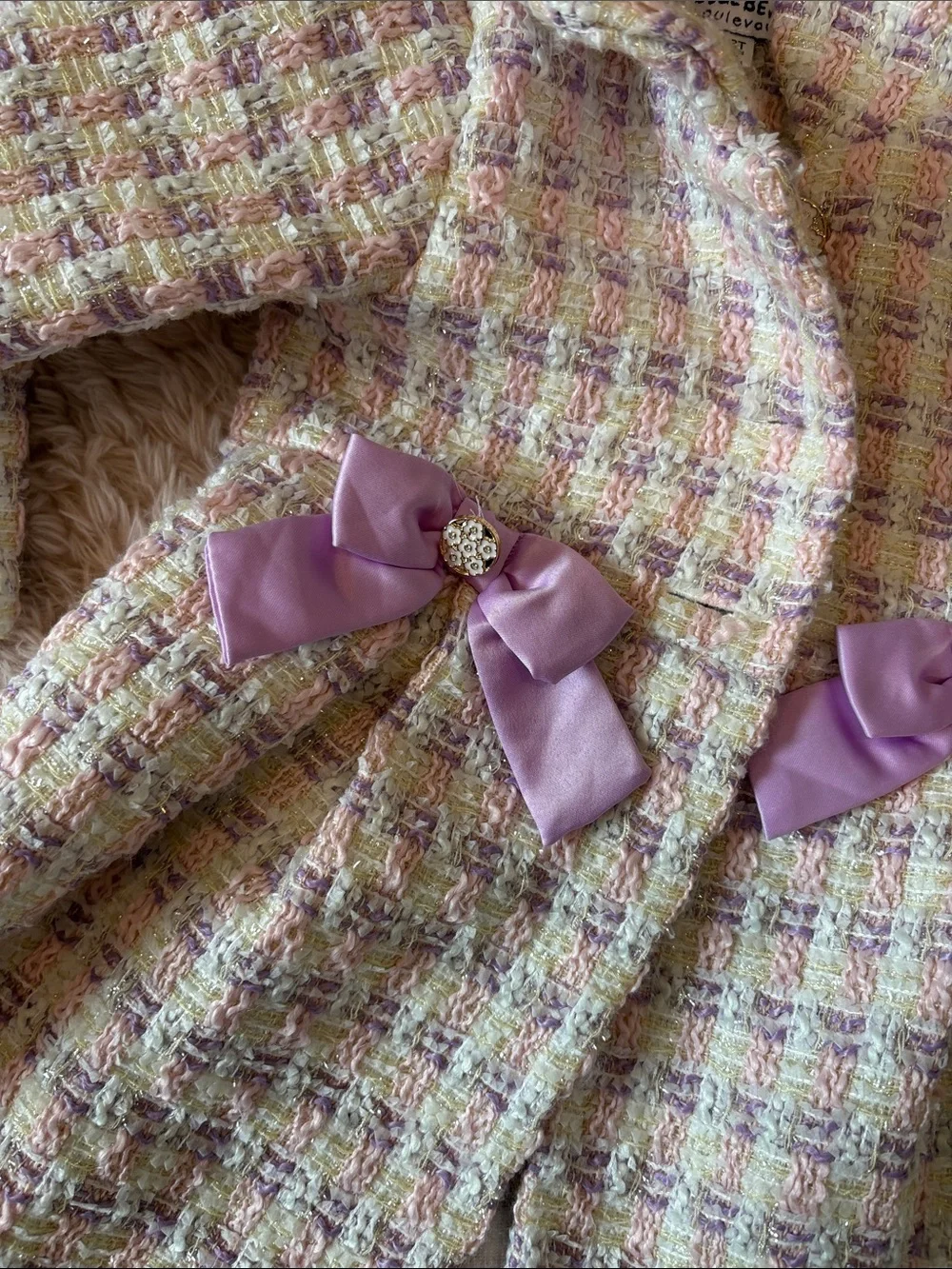 Girls' Pastel Plaid Tweed Coat with Lilac Bows